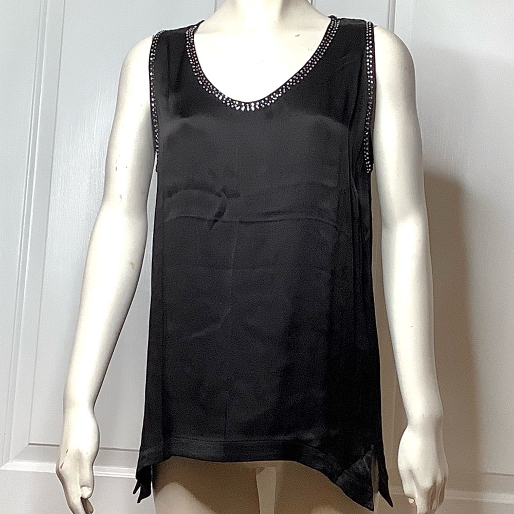 GOLD HAWK  Sample NWOT Black Satin Tank Rhinestone Trim Relaxed Fit Side Slits